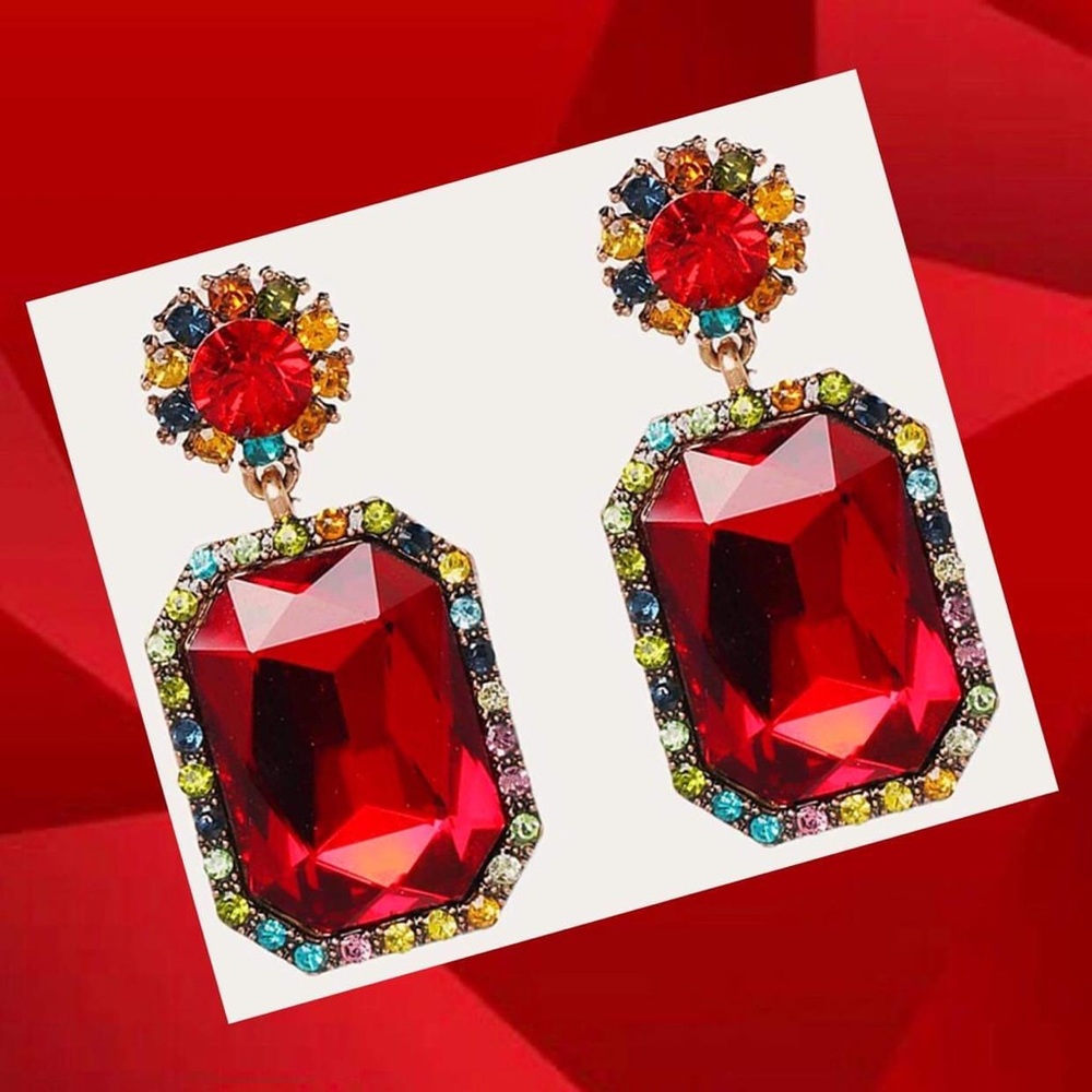 Red & Burnished Gold Rhinestone Statement Earrings
